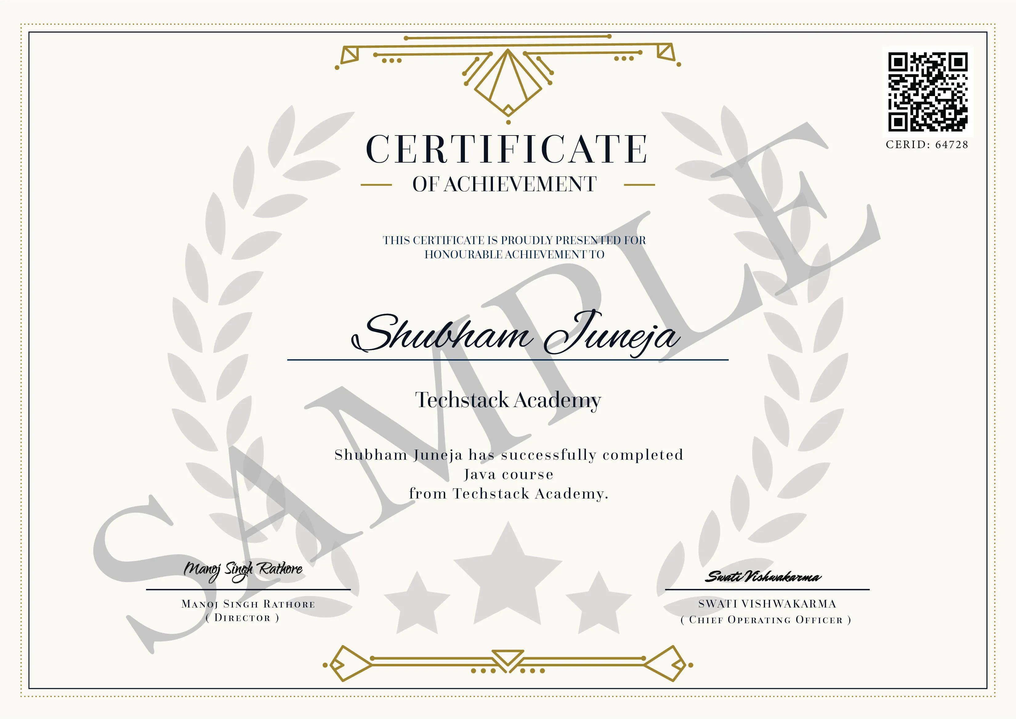 Advance Java Certification Institute Certificate
